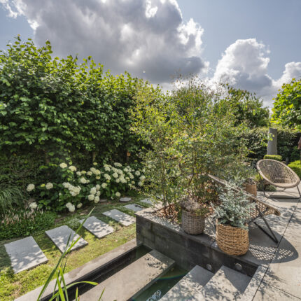 Trittplattenweg durch den Garten mit Hortensien und modernem Sitzbereich.