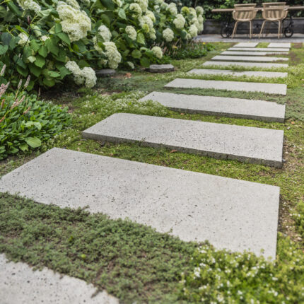 Beton-Trittplatten inmitten von üppigem Grün.